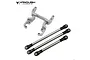 Vanquish Products silver aluminium servo mount and three metal suspension links with black plastic rod ends on a white background.