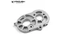 A silver aluminium motor mount plate for an RC vehicle, featuring a machined, lightweight design with multiple mounting holes and cutouts.