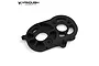 A black anodized aluminium motor mount plate for an RC vehicle, featuring a complex CNC-machined design with multiple cutouts and mounting holes.