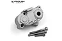 Vanquish Products silver aluminium Atlas transfer case for SCX10 II with three included mounting screws on a white background.