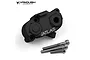 A black anodized aluminium Vanquish Atlas transfer case for RC crawlers, shown with three included silver socket head screws on a white background.