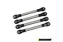 Four stainless steel RC suspension links with black plastic rod ends arranged diagonally on a white background.