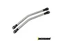 Two stainless steel bent suspension links with black plastic rod ends on a white background.