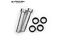 Vanquish Products silver aluminium steering rack posts and two ball bearings on a white background.
