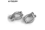 A pair of silver aluminium steering hub carriers for an RC vehicle, shown from a high angle against a white background.