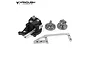 Vanquish Products Hurtz Atlas Dig V2 case components including a black main housing, silver metal linkage, and two silver drive hubs on a white background.