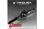 A black anodized aluminium Currie differential axle housing for RC vehicles by Vanquish Products, shown against a brushed metal background.