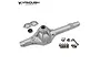 Vanquish Products silver aluminium solid axle housing for RC vehicles, including mounting hardware, bearing, and axle clamps on a white background.