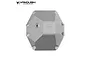 A silver aluminium differential cover for an RC vehicle by Vanquish Products, featuring a centered VP logo and mounting holes.