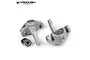A pair of silver aluminium steering hubs for RC vehicles by Vanquish Products, shown with two small metal ball bearings on a white background.