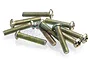 A small pile of ten silver-coloured metal button head screws with fine threading, arranged on a white background.