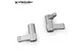 Two silver aluminium steering bell crank components for an RC vehicle, shown from different angles against a white background.