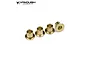 Four small brass steering knuckle bushings for RC vehicles, arranged in a row against a white background with the Vanquish Products logo.