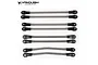 A set of eight Vanquish stainless steel RC suspension links with black rod ends arranged on a white background.