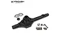 A black aluminium solid axle housing for RC vehicles, including silver metal mounting hardware, bearings, and clamps, set against a white background.