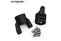Two black anodized aluminium C-hub steering carriers for RC vehicles with a set of four silver mounting screws, displayed on a white background.