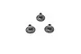 Three identical metal servo gears arranged in a triangle on a white background.