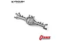 A silver aluminium Vanquish Currie RockJock front solid differential axle housing for RC vehicles, shown against a white background.