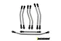 A set of eight stainless steel RC suspension links with black plastic rod ends, arranged on a white background.