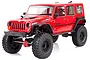 A red Axial SCX10 II 2017 Jeep Wrangler Unlimited RC rock crawler viewed from a front three-quarter angle against a white background.
