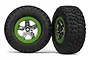 Two Traxxas 2.2/3.0 inch BFGoodrich Mud-Terrain T/A KM2 tyres pre-mounted on chrome and green wheels.