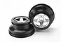 Two Traxxas 2.2/3.0 inch RC short course wheels with black outer rims and satin chrome five-spoke centers against a white background.