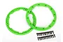 Two bright green circular beadlock style sidewall protectors for RC wheels, accompanied by a set of small black metal screws on a white background.