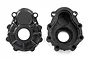 Two black plastic outer portal drive housings for Traxxas TRX-4, shown from front and back views.