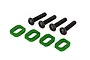 Four green anodized aluminium motor mount spacers and four black hex-head machine screws arranged on a white background.