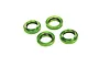 Four green anodized aluminium shock adjusting nuts with black O-rings for Traxxas RC vehicles.