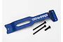 A blue anodized aluminium rear chassis brace for a Traxxas RC vehicle, shown with three black metal screws on a white background.