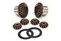 Traxxas X-Maxx metal differential gear set including two large bevel gears, four small spider gears, and two flat washers on a white background.