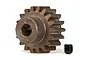 A Traxxas 18-tooth steel pinion gear with a black grub screw, isolated on a white background.