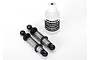 Two silver Traxxas GTS shock absorbers with black plastic ends and a bottle of Traxxas silicone shock oil on a white background.