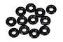 A collection of twelve small black rubber O-rings arranged on a white background.