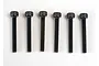 Six black metal cap head screws arranged in a row against a plain white background.