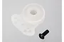 A white plastic Traxxas servo saver assembly and a single black metal screw on a light grey background.
