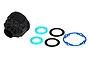 Traxxas X-Maxx differential case set including a black plastic housing, two blue O-rings, two black washers, and a blue gasket.
