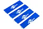 Four blue Outerwears Shockwears shock covers laid out diagonally on a white background.