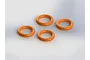 Four orange rubber O-rings arranged on a plain white background.