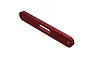 A red anodized aluminium suspension arm pin brace for ARRMA RC vehicles, featuring two circular mounting holes and a central elongated slot.
