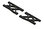 A pair of black ARRMA rear suspension arms for an RC vehicle, shown from an isometric angle against a white background.