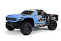 ARRMA Senton 4x4 short course truck body shell in blue and black with geometric patterns, mounted on a chassis.
