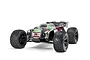 Studio shot of an ARRMA Kraton BLX 1/8 scale RC truggy with a black and green body shell, large off-road tires, and a rear wing, isolated on white.