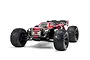 ARRMA Kraton 1/8 scale electric RC truggy in red and black livery, featuring large off-road tires and a rear wing, isolated on a white background.