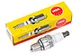 An NGK CMR6H spark plug placed in front of its yellow and red branded cardboard packaging box.