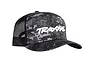 A Traxxas branded baseball cap with a grey and black digital camouflage pattern and a black mesh back.