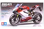 Product box art for Tamiya 1/12 scale Ducati 1199 Panigale S Tricolore model kit, featuring a red, white, and green motorcycle on a grey background.