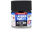 A 10ml glass jar of Tamiya LP-1 Black Lacquer Paint with a black ribbed screw-on cap, set against a plain white background.
