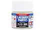 A 10ml bottle of Tamiya LP-4 Flat White lacquer paint with a white screw-top lid and a label featuring the Tamiya logo.